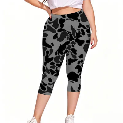 Custom logo Women Capri Leggings High Waist Pants Grey Black Camo Abstract Print Stretchy Fitness Casual Ladies Workout Leggings