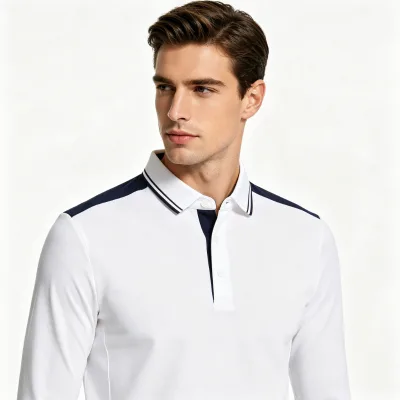 Men's White Navy Trim Equestrian Polo Shirt Moisture-Wicking Stretch Fabric Breathable Wrinkle-Free Long Sleeve Athletic Fit