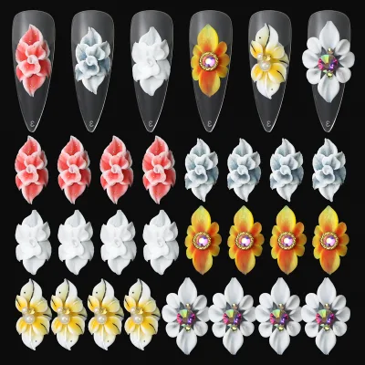 White Pink Handmade Acrylic Flower Nail Art Charms With Petal Shiny Diamond Press on Nail Rhinestones Jewely Manicure Decoration