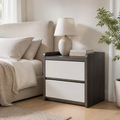 2 Drawer Tray Top Nightstand Smoked Gray Wood Grain MDF Frame White Matte Drawer Panels Modern Nordic Bedside Table for Bedroom