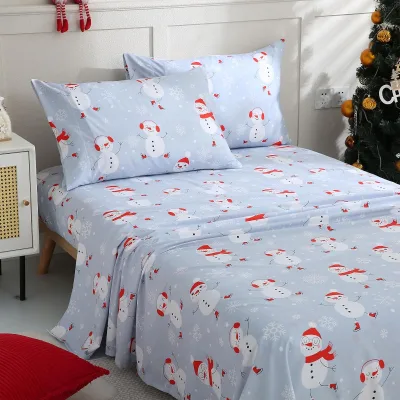 OEM ODM Blue Snowman Snowflakes Christmas Kids Full Sheet Set 3 Piece Soft Printed Microfiber OEKO-TEX Certified 16 Inch