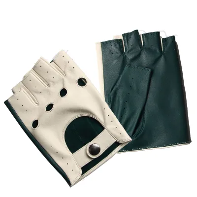 Unisex Retro Half Finger Leather Driving Gloves Perforated Breathable Anti-Slip Color Block Full Palm Perforation Adjustable
