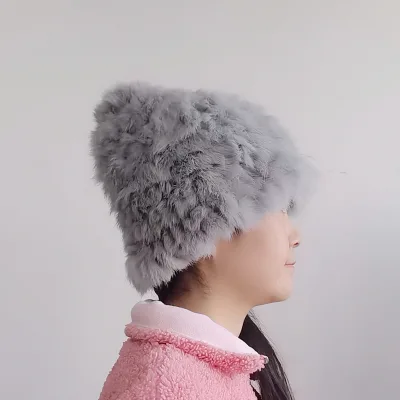 Lady's Natural Animal Fur Bucket Hat Winter Fluffy Outdoor Warm Popular Style Hand Knitted Real Fur Hat for Women