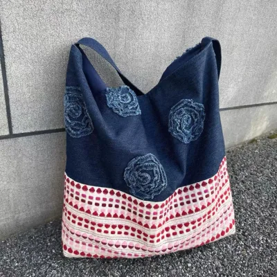 High Quality Heavy Craft Original Niche Patchwork Denim Versatile Large Capacity Tote Bag Coil Embroidery 3D Floral Big Bag