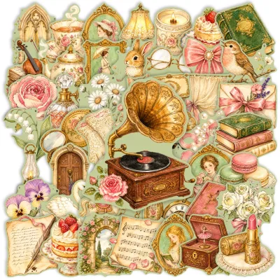 50Pcs Vintage Green Court Style Graffiti Stickers for Book Decor Elegant Girls Home DIY Sticker