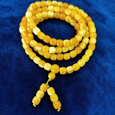 Tibetan Buddhism Amber Beads Necklace 108 Beads Rosary Resin Bucket Beads Barrel Beads Dumbbell Beads Adjustable Cord for Prayer