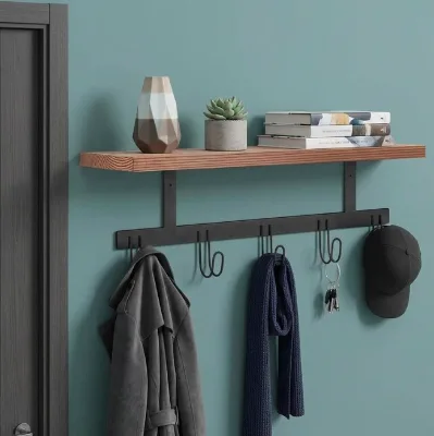 Customized Wood Wall Mounted Entryway Organizer Floating Wall Shelf Rustic 5 Heavy Duty Hooks Wall Coat Rack with Wood Shelf