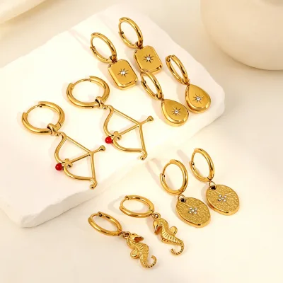 HWASAN Geometric Octagonal Star Diamond Earrings Cupid Arrow Heart Drip Oil Seahorse Stainless Steel Fashion Jewelry for Women