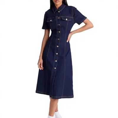 26 Summer European American Women's Button Short Sleeve Lapel Casual Denim Dress Quick Dry Model