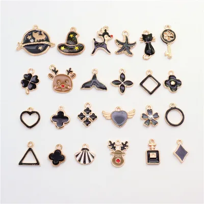 24pc/bag Black Witch Hat Mix Style Keychain Pendant for Jewelry Making Necklace Bracelet Halloween Dropping Oil Alloy Charms