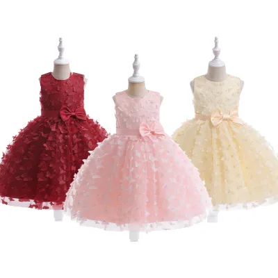 Elegant Champagne Princess Dress for Girls Sleeveless Bow Applique Multi-Layered Tulle Graceful Children's Gown