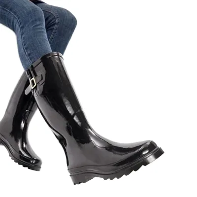 Women's Winter New Collection Black Rubber Rain Boots Waterproof Anti-Slippery Matt Shiny Chunky Treads Decorative Buckle
