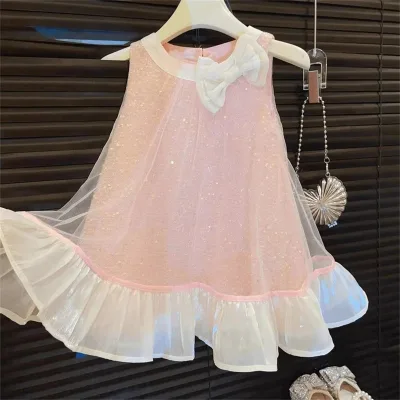 Summer New Girls Sleeveless Bow Mesh Vest Dress Elegant Baby Princess Skirt with Casual Mini Design Solid Pattern