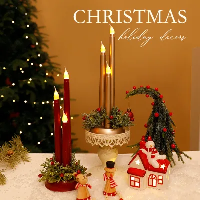 Christmas LED Taper Candles Set 3 Pack Flameless Electronic Candle Light With Berries Base for Tabletop Xmas Home Decoration