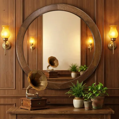 Modern Hand Polished Round MDF Wood Grain Frame Wall Mount Mirror Customizable Color Cottage Floral Wallpaper Bedroom Dresser