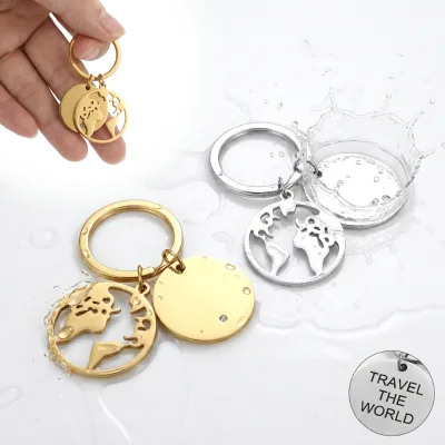 Yiwu Aceon Stainless Steel World Map Cut Out Hollow Solid Round Disc Single Birthstone Double Pendant Key Chain