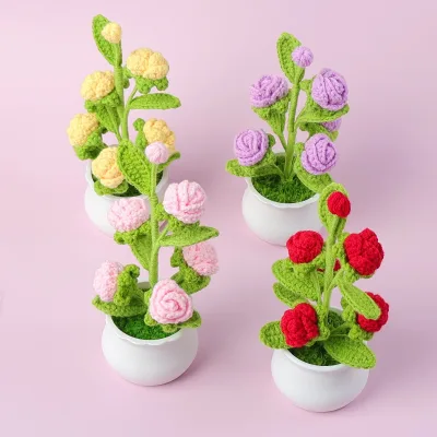 Cross Border Finished Products Hand-woven Pine Cone Pot Home Decoration Knitting Simulation Flower Crochet Bouquet Flowers