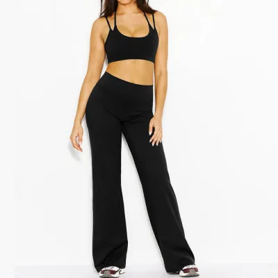 Double Belt Backless Yoga Bra Seamless Lightweight High Waist Moisture Wicking Breathable Sportswear Wide Leg Yoga Pants Pilates