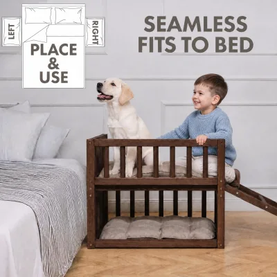 Dog Window Seat with Ramp Elevated Wooden Dog Bed Modern Pet Furniture for Small Dogs Window Perch Platform Pet Bed