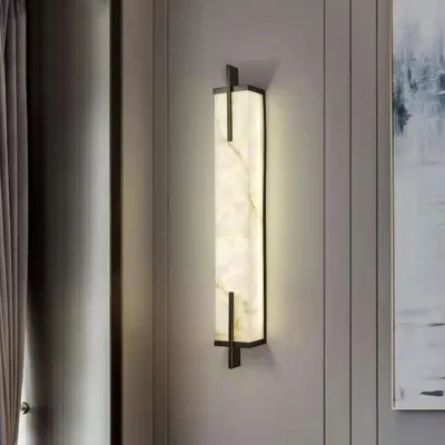 Modern Brass LED Wall Lamp with Remote Control Natural Marble Alabaster for Indoor Home Use
