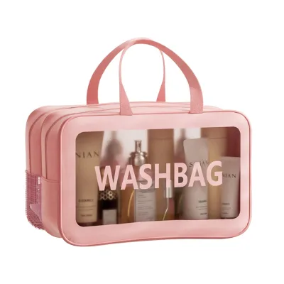 XXL Women Zipper Clear Makeup Bags Transparent Bathroom Mesh Shower Wash Bag Large Pink Cosmetic Toiletry Travel Storage Pouch