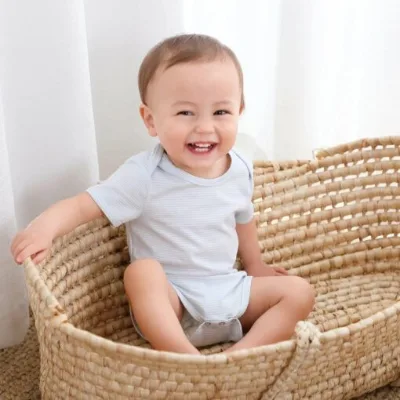 Customized Soft Organic Cotton Breathable Romper Kids Baggy Jumpsuit Sky Blue Stripe Short Sleeve Bodysuit Snap Button Closure