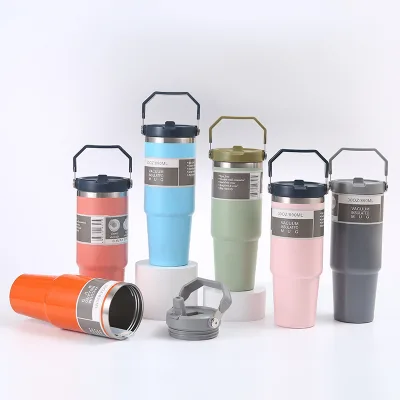 30oz Double Wall Stainless Steel Insulated Water Pot Lever Action Pump Straw Handle 24-36 Hours Thermal Insulation Kitchen