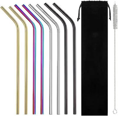 Reusable Metal Stainless Steel Straw Set Tumbler Drinking Straws Colorful and Silver Home Bar Backyard