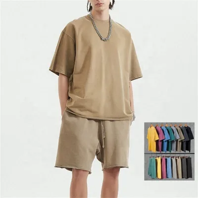 Wholesale Breathable Summer Vintage Print 2-Piece Men's 100% Cotton T-Shirt and Shorts Sets Washed Oversize