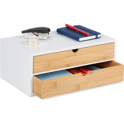 White Bamboo Desk Organizers and Storage, 2 Tier Drawer Box Bamboo & MDF Mini Chest