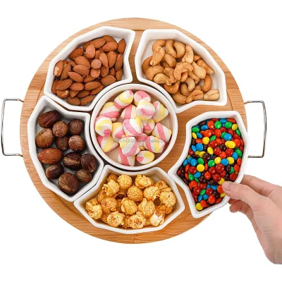 2025 Divided Dishes with Bamboo Tray Divided Sauce Dish Appetizer Tray Removable Snack Bowls Round Sectional Serving Platter