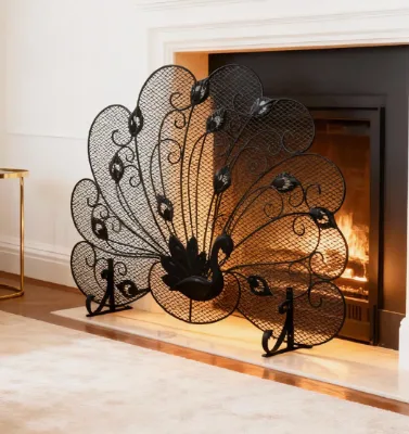 Peacock Shape Single Panel Black Wrought Iron Fireplace Screens Door Fire Spark Guard Grate for Fire Pit Fireplace