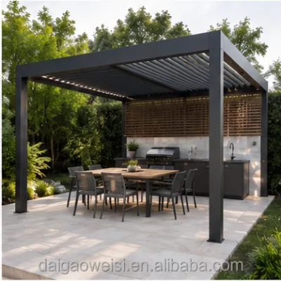 Modern Aluminum Pergola Gazebo with Metal Roof, Outdoor Gazebo Pavilion with Aluminum Frame, Curtains and Mosquito Netting