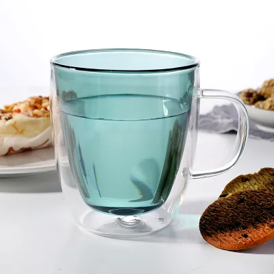Hot Sale!Eco-friendly 380ml double wall glass tumbler custom logo tea mug coffee glass cups with handle double Color Custom Logo
