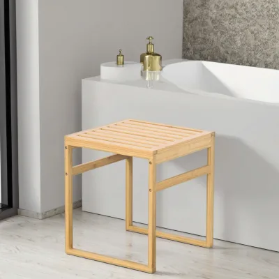 Home Natural Bamboo Luxury Minimalist Square Shower Seat Shaving Stool Spa Bath Bench with Towel Hanging Shelf