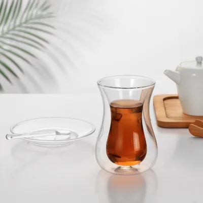 Heat Resistant Beverage Espresso Coffee Double Wall Layer High Borosilicate Glass Drinking Cup With Spoon Saucer Gift