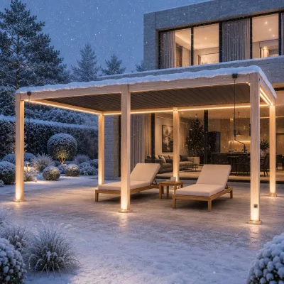 Hand Crank Wood Grain Aluminum Louver Pergola Sturdy Aluminum Structure LED Light Restaurant Outdoor Dining Large Area Shade
