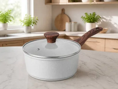 Factory Wholesale White Granite Saucepan with Lid Nonstick Die-cast Aluminum Pan with Soft Silicone Handle Induction Compatible