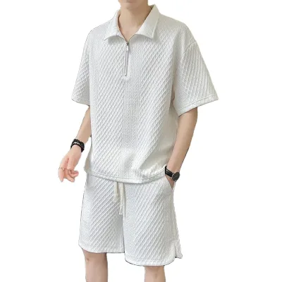 Men's Summer Sports Suit Causal T-shirt Two Pieces Set Loose-fit Short Sleeves Polo Shirt Half-zip-up Polo Shirt Men Clothings