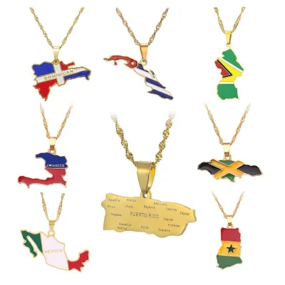 Bestseller World Countries Stainless Steel Enamel  Map National Flag Necklace Ethnic Style Unisex Rope Pendant Map Necklaces