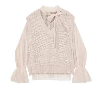Wholesale Ladies New Design Brown Solid Shirt and Knit Vest Female Blouse for Women Two Pieces Set