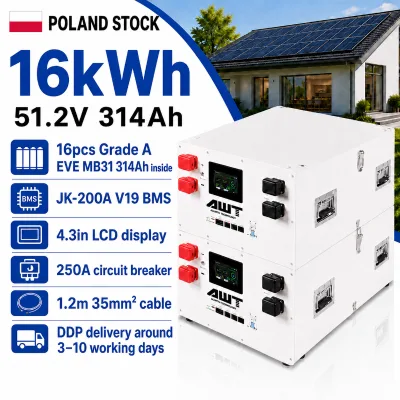 Poland Stock Grade a 51.2V 314Ah 16kWh LiFePO4 Battery Pack JK200A BMS for Home Solar Storage 48V 51.2V Inverter PL Self-pick up