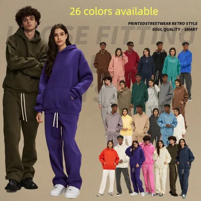 Unisex Autumn Winter Streetwear Outdoor Hooded Cotton Coat Oversized Sportswear Suit with Hoddie & Drawstring Pants