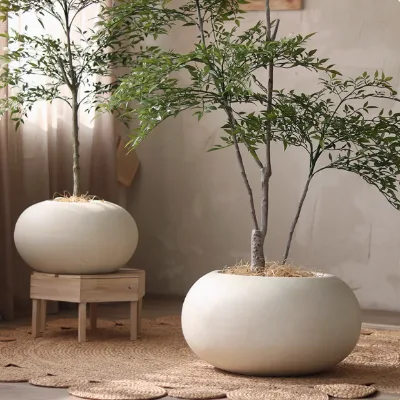 Creative Round Flat Ball Bamboo Green Plant with Chinese Style Teahouse Shopping Mall Clothing Store Magnesium Clay Flower Pot