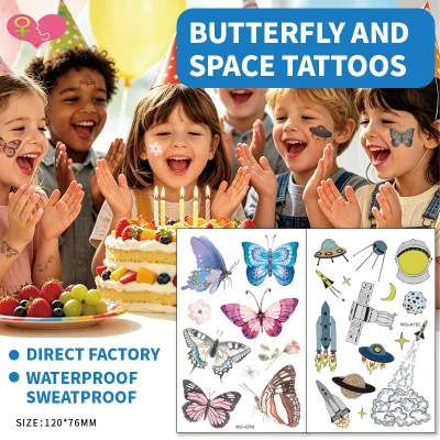Cartoon Butterfly Universe Tattoo Stickers, Outer Space Rocket Spaceship Temporary Tattoos As Kids Goodie Bag Fillers & Gift