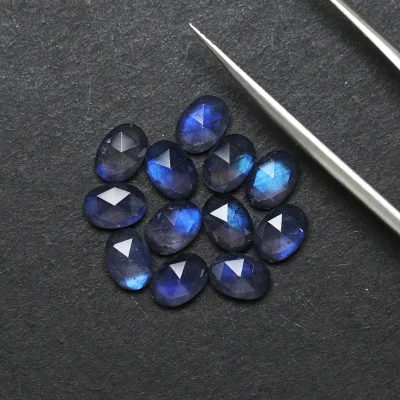 Natural CordieriteLabradorite Double Layer Attached Gemstone Oval Flat Rose Turned 7X5mm Color Play