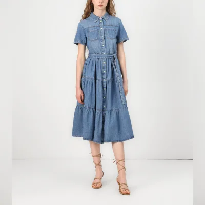 Women's Denim Midi Gown Light Blue Button Down Tiered Sun-Skirt Undefined Abbigliamento Donna Wholesale Retro Apparel