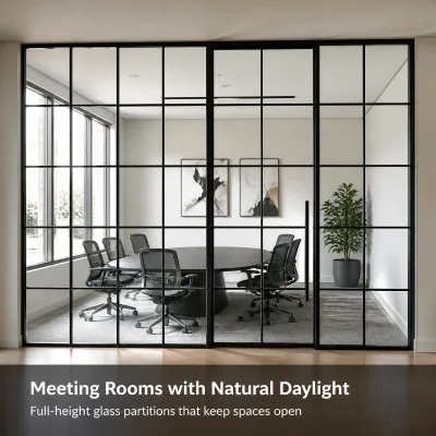 Grid Glass Partition Wall Panels French Style Acoustic Insulation Safety Laminated Glass Soundproof Aluminum Profile Office