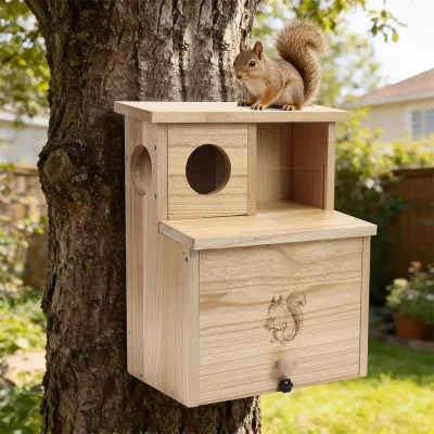 Modern Eco-Friendly Durable Wooden Squirrel House Integrated Feeder Double Tiers Guard Interior Stairs for Baby Squirrels