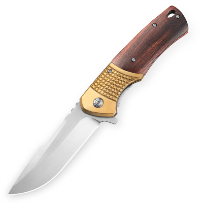 Outdoor Portable Multifunctional Stainless Steel Folding Knife with Wooden Handle Sharp Blade for Wilderness Hunting